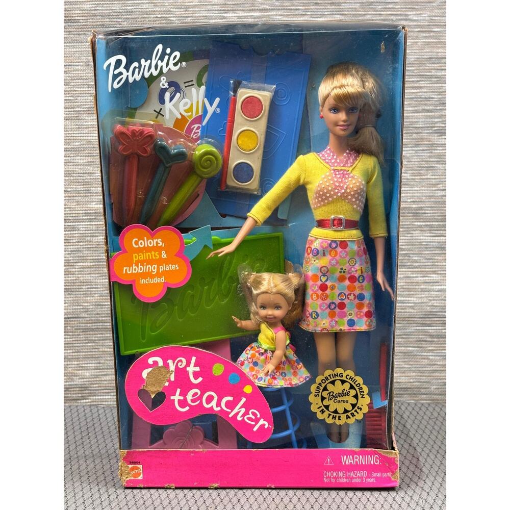 Barbie & Kelly Art Teacher Blonde Barbie Dolls Set Easel Paints Brush 2002 NEW